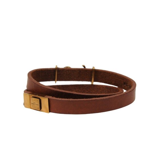 Saint Laurent Opyum YSL Logo Wrap Bracelet Medium Brown Leather Brass Hardware - Picture 5 of 11